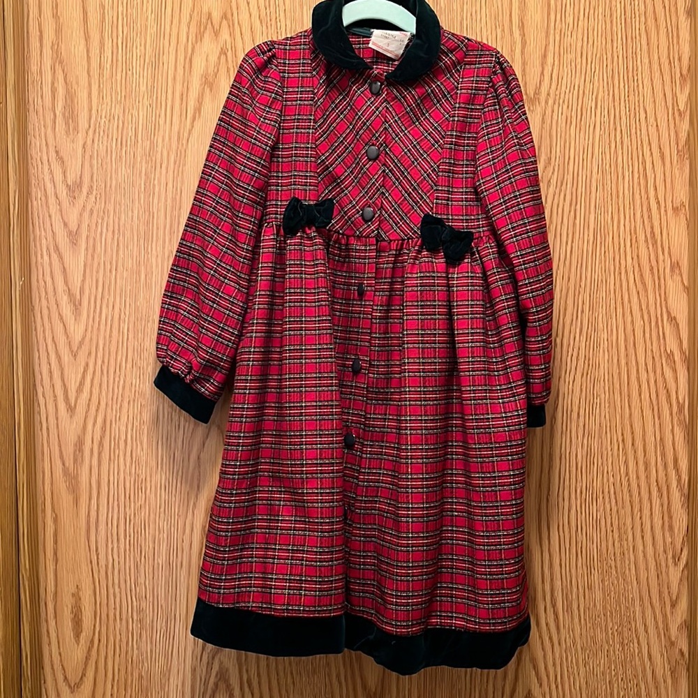 Classic Red Plaid Velvet-Trim Girls Dress